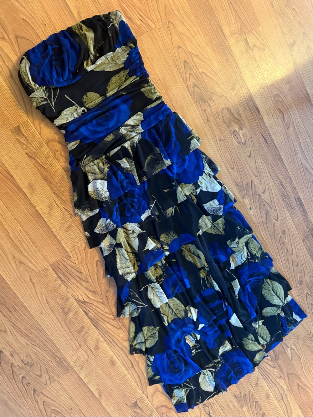 Lulu's Strapless Black Dress with Bold Blue Rose Print